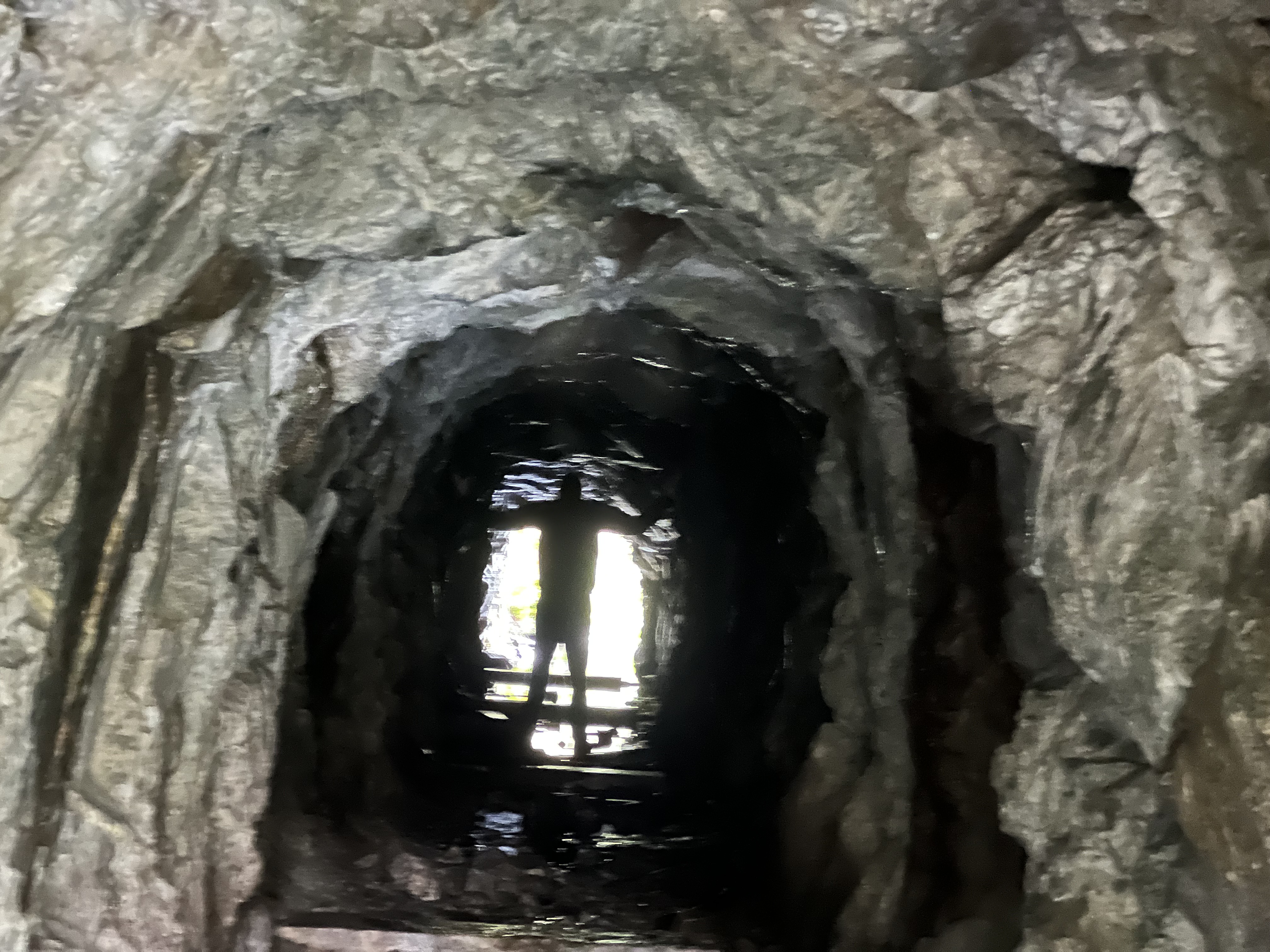 Figure silhouetted in light at the end of a stone passage — threshold between darkness and light